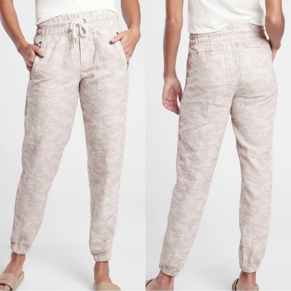 Athleta Cabo Linen Jogger Cream Micro Cheetah Sz 6 Tall 988237 - Picture 1 of 6